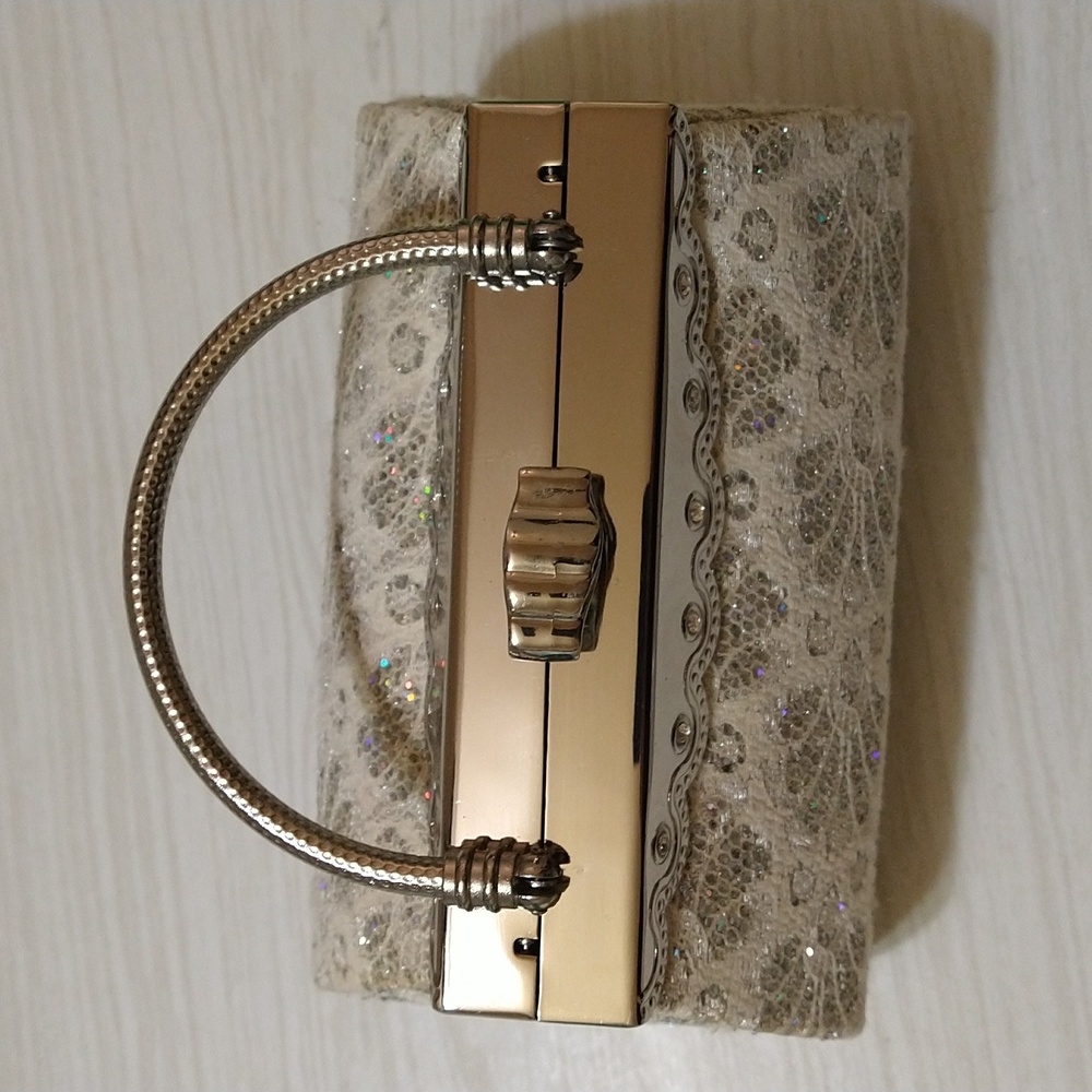Wedding/Prom Clutch Bag with Corded White Lace, Rhinestones & Iridescent Sequins - Picture 3 of 8